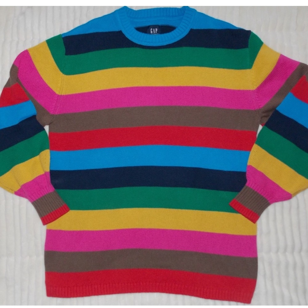 GAP Happy Stripe Maternity Sweater Rainbow Multicolor Puff Sleeve Size M